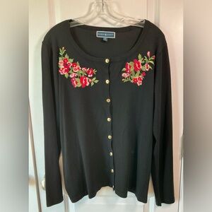Karen Scott Long-Sleeved Cardigan Sweater w/Embroidered Roses Appliqué Size OX